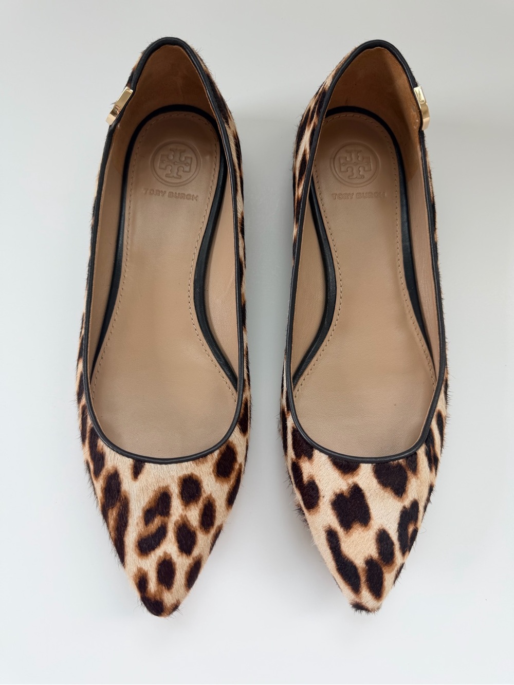 Tory Burch Leopard-Print Pointed Toe Flats in Tan and Black